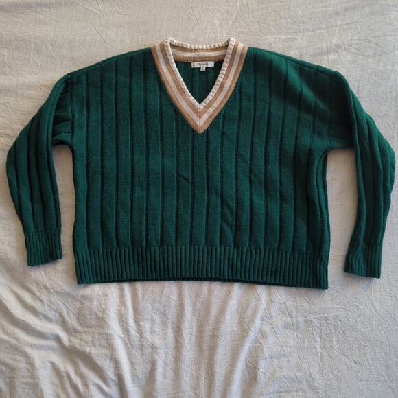 Madewell Preppy Collegiate Green Tan Tipped V- Neck Sweater Size M - Picture 1 of 6